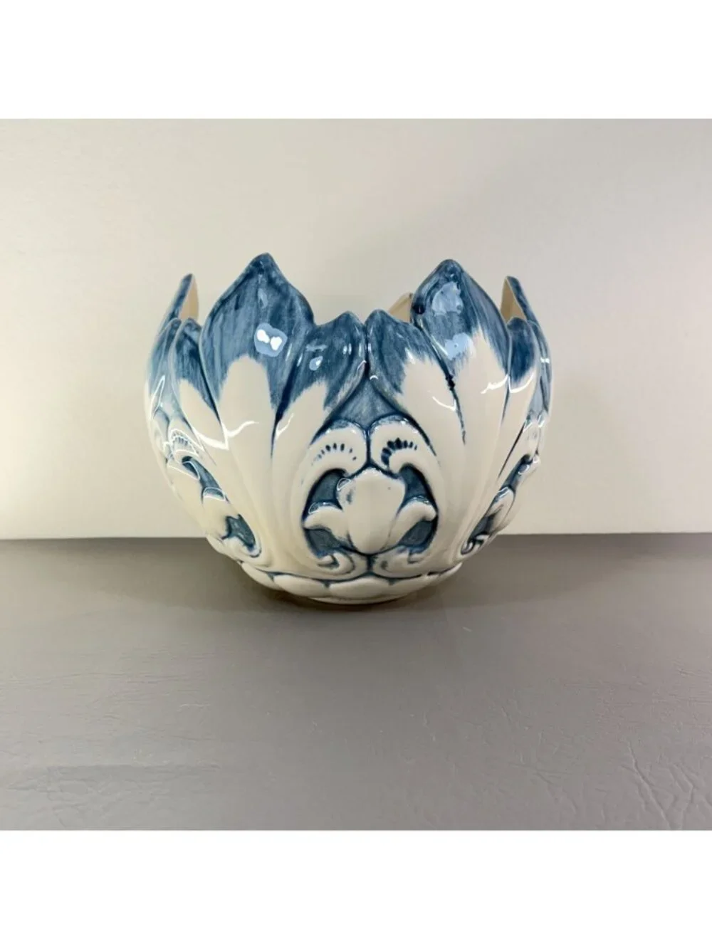 Italian Style Blue White Majolica Petal Cachepot Large Floral Centerpiece Bowl
